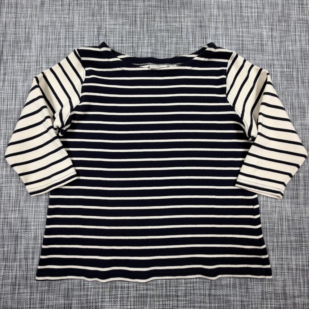 L.L.Bean Womens Top XL Regular Navy Cream Striped Cotton Boatneck Long Sleeve